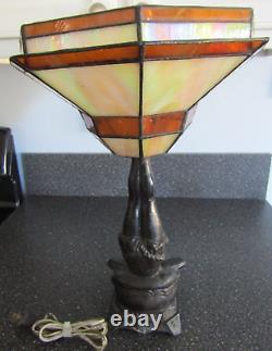 Vintage Semi Nude Metal or Cast Iron Art Deco Style Lamp with Tiffany Style Shade