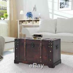 Vintage Storage Trunk Cabinet Box Coffee Table Side/End Desk Treasure Chest Wood