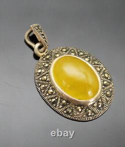 Vintage Yellow Chalcedony Marcasites Art Deco Style Sterling Silver Pendant