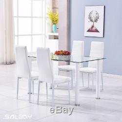 White Clear Rectangular High Gloss Glass Dining Table and 4 PU Chairs Seats Set