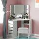 White Dressing Table Vanity Makeup Desk With 5 Drawers, Mirror Set And Stool Uk