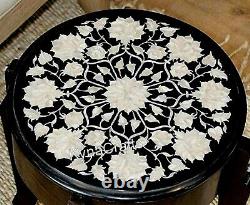 White Floral Design Coffee Table Top Black Marble Sofa Side Table for Home 13