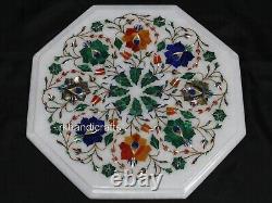 White Marble Coffee Table Top Inlaid with Multicolor Stone Balcony Corner table