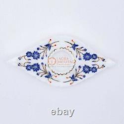 White Marble Top Candle Holder Lapis Stone Floral Maquetry Art Inlaid Decorative