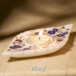White Marble Top Candle Holder Lapis Stone Floral Maquetry Art Inlaid Decorative
