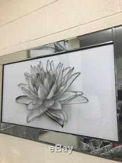 White sparkly flower picture glitter in mirrored frame 100x60 cm