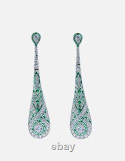 Women Green Art Deco Style Dangle Earrings Sterling Silver 925 CZ Jewelry