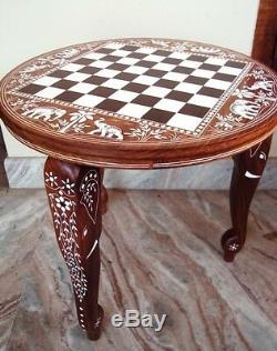 Vintage Look Chess Board Carved Inlaid Work Coffee Round Table Foldable Art Deco 