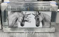 XL Horse King And Queen With Crown Liquid Art Wall Frame Chrome Look 82x42cm