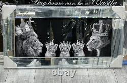 XL LION KING AND QUEEN WITH CROWNS LIQUID ART WALL FRAME CHROME LOOK 82x42cm