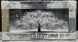 XL Silver Cherry Blossom Tree Liquid Art Wall Frame Chrome Look 82x42cm