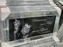 XXL New Lion King And Queen With Crown Liquid Art Wall Frame Chrome Look 82x42cm