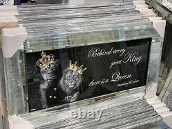 XXL New Lion King And Queen With Crown Liquid Art Wall Frame Chrome Look 82x42cm