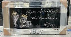 XXL New Lion King And Queen With Crown Liquid Art Wall Frame Chrome Look 82x42cm
