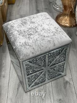 XXL Silver Crushed Diamond Velvet Stool With Storage Space, Sparkle Bling
