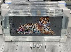 XXL Tiger Animal Liquid Art Wall Frame Chrome Look 82x42cm