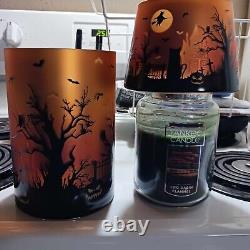 YANKEE CANDLE Halloween Scene Orange Flickering Glass Holder & Shade Set NEW