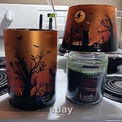 YANKEE CANDLE Halloween Scene Orange Flickering Glass Holder & Shade Set NEW