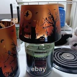 YANKEE CANDLE Halloween Scene Orange Flickering Glass Holder & Shade Set NEW