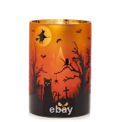 YANKEE CANDLE Halloween Scene Orange Flickering Glass Holder & Shade Set NEW