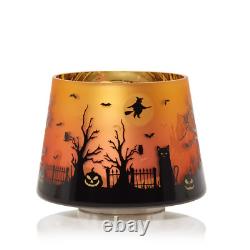 YANKEE CANDLE Halloween Scene Orange Flickering Glass Holder & Shade Set NEW