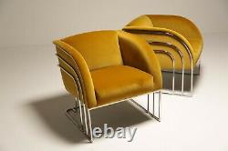 1970 Art Déco Or Velvet Et Chrome Milo Baughman Style Lounge Chaises