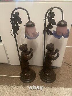 2 Art Nouveau Art Déco Style Bronze Effet Lampe De Cherub Rose Rasoir En Verre