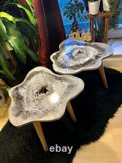 2 X Geode Resin Crystal Silver White Resin Painting Décor Café/table D’côté Ensemble
