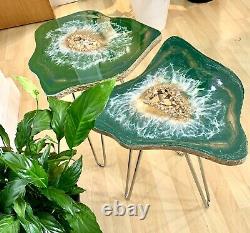 2 Xgeode Résine Cristal Vert Or Art Résine Peinture Décor Café / Table D’côté Ensemble