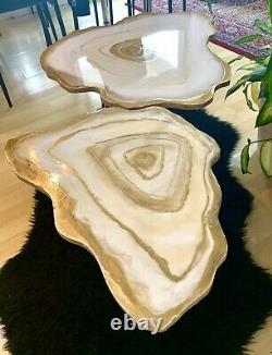 2handmade Geode Résine White Gold Art Résine Peinture Décor Café/table D’appoint Ensemble