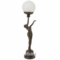 58cm Art Déco Lady Crackle Verre Globe Lampe De Table / Finition Bronze Sculpture. Nouveau