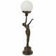 58cm Art Déco Lady Crackle Verre Globe Lampe De Table / Finition Bronze Sculpture. Nouveau