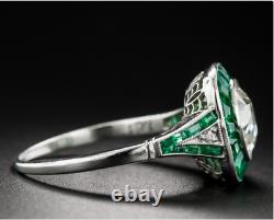 Art Déco Style 2.85 Ct Lab A Créé Emerald Engagement 14k Bague Remplie D'or Blanc