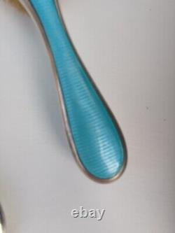 Art déco antique turquoise bleu guilloché brosse de toilette et miroir de dame en argent sterling