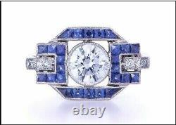 Bague de Fiançailles de Style Art Déco avec Diamant Simulé et Saphirs Bleus en Argent 925