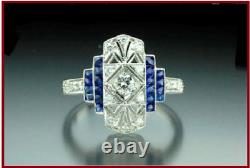 Bague de fiançailles en argent 925, style Art Déco avec diamant simulé et saphir bleu