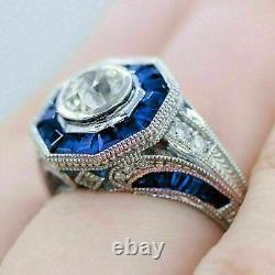 Bague de fiançailles en argent de style Art déco avec diamant de synthèse de 2,90 carats et saphir bleu.