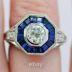 Bague de fiançailles en argent de style Art déco avec diamant de synthèse de 2,90 carats et saphir bleu.