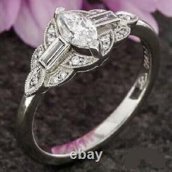 Bague de mariage anniversaire en argent de style Art déco avec marquise et taille baguette de 2,65 carats