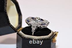 Bague de mariage en or blanc 14 carats avec diamant de laboratoire et saphir de style Art Déco