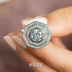 Bague de mariage en or blanc 14 carats de style Art déco avec moissanite de forme ronde de 2,20 carats