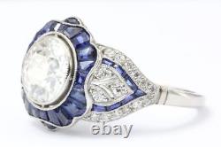 Bague de mariage en saphir bleu et moissanite ronde blanc cassé de style Art Déco de 2,05 ct