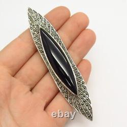 Broche vintage en argent sterling 925 avec véritable onyx noir et marcassite dans le style Art Déco