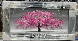 Cadre mural XL en art liquide avec un aspect chrome, arbre de cerisier rose, 82x42cm