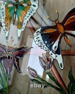 Café Glas Table Peinte Aux Papillons Floraux Artwork Artisanal