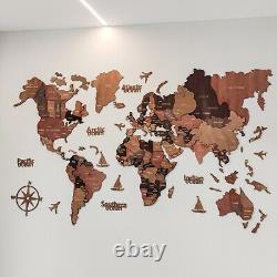 Carte du monde en bois en 3D - Décoration murale rustique pour la maison, le bureau ou en cadeau d'anniversaire