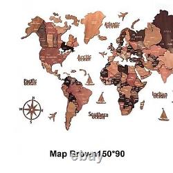 Carte du monde en bois en 3D - Décoration murale rustique pour la maison, le bureau ou en cadeau d'anniversaire