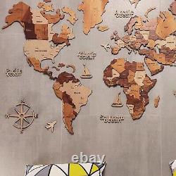 Carte du monde en bois en 3D - Décoration murale rustique pour la maison, le bureau ou en cadeau d'anniversaire