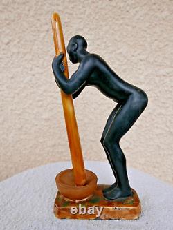 Céramique rare signée LUC Femme de croisière noire 1930 ART DECO érotique 24cm