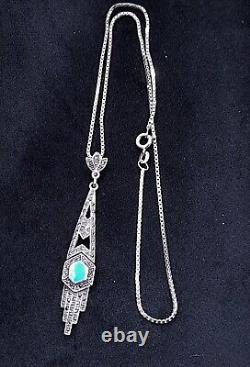 Collier style Art Déco en argent sterling 925 et marcassite avec hexagone bleu